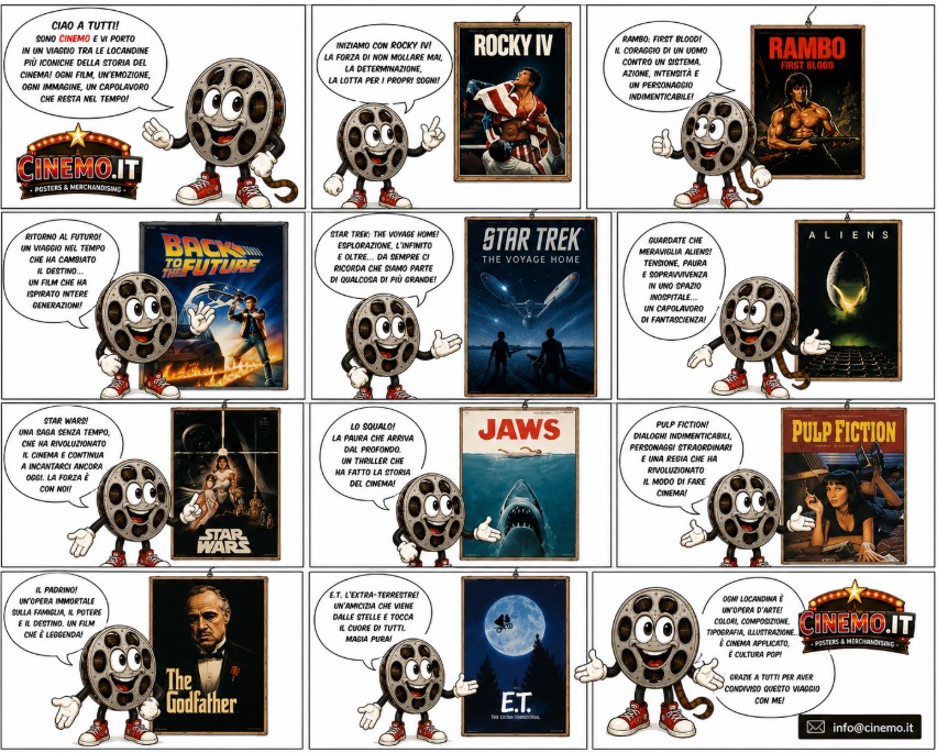 Fumetto Cinemo.it: le icone del cinema — Rocky, Star Wars, Jaws e altri